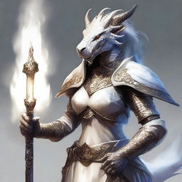 A female Dragonborn cleric wearing intricate white armor