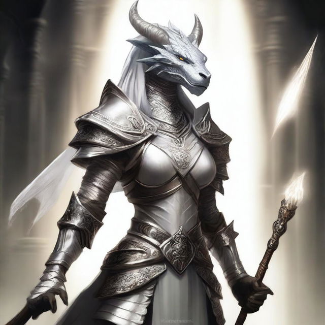 A female Dragonborn cleric wearing intricate white armor