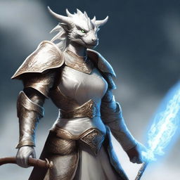 A female Dragonborn cleric wearing intricate white armor