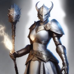 A female Dragonborn cleric wearing intricate white armor