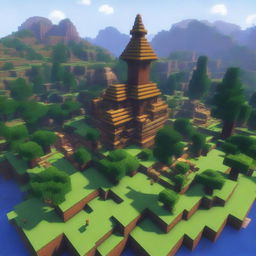 An exciting and vibrant Minecraft survival server with lush forests, towering mountains, and bustling player-built towns