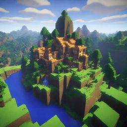 An exciting and vibrant Minecraft survival server with lush forests, towering mountains, and bustling player-built towns