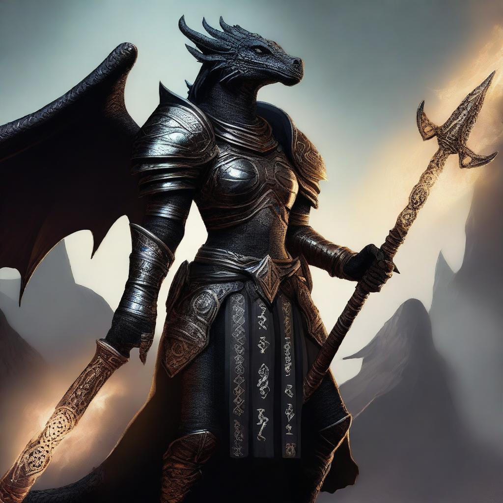 A female Black Dragonborn cleric wearing intricate armor