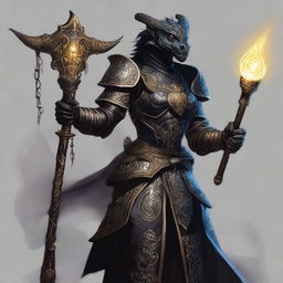 A female Black Dragonborn cleric wearing intricate armor