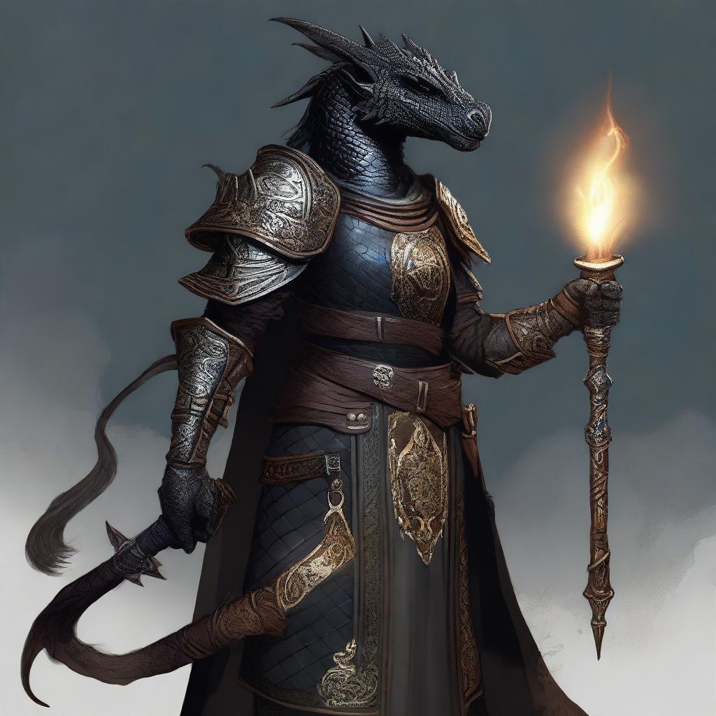 A female Black Dragonborn cleric wearing intricate armor