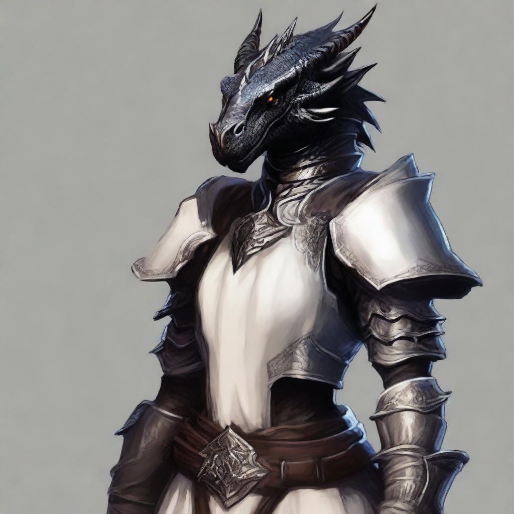 Create an image of a female Black Dragonborn cleric wearing white armor