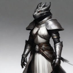 Create an image of a female Black Dragonborn cleric wearing white armor