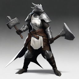 A female black dragonborn warrior wearing gleaming white armor and holding a large, intricately designed hammer