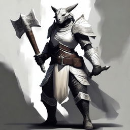 A female black dragonborn warrior wearing gleaming white armor and holding a large, intricately designed hammer