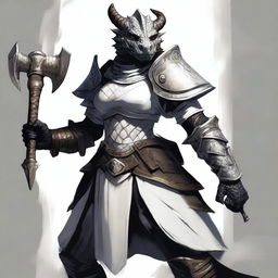 A female black dragonborn warrior wearing gleaming white armor and holding a large, intricately designed hammer