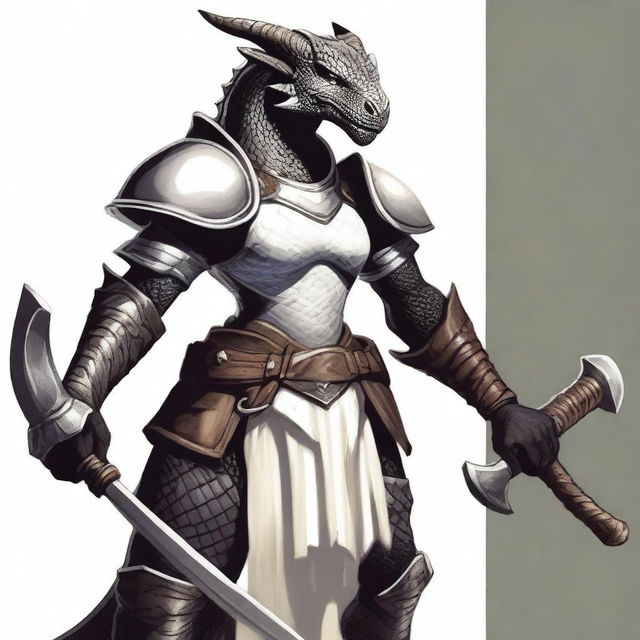 A female black dragonborn warrior wearing gleaming white armor and holding a large, intricately designed hammer