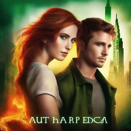 Create a book cover for a New Adult post-apocalyptic romance featuring a brown-haired woman with green eyes and a brown-haired man with orange eyes