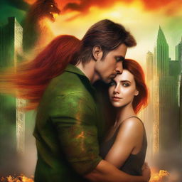 Create a book cover for a New Adult post-apocalyptic romance featuring a brown-haired woman with green eyes and a brown-haired man with orange eyes