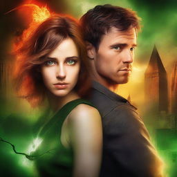 Create a book cover for a New Adult post-apocalyptic romance featuring a brown-haired woman with green eyes and a brown-haired man with orange eyes