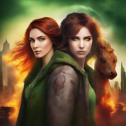 Create a book cover for a New Adult post-apocalyptic romance featuring a brown-haired woman with green eyes and a brown-haired man with orange eyes