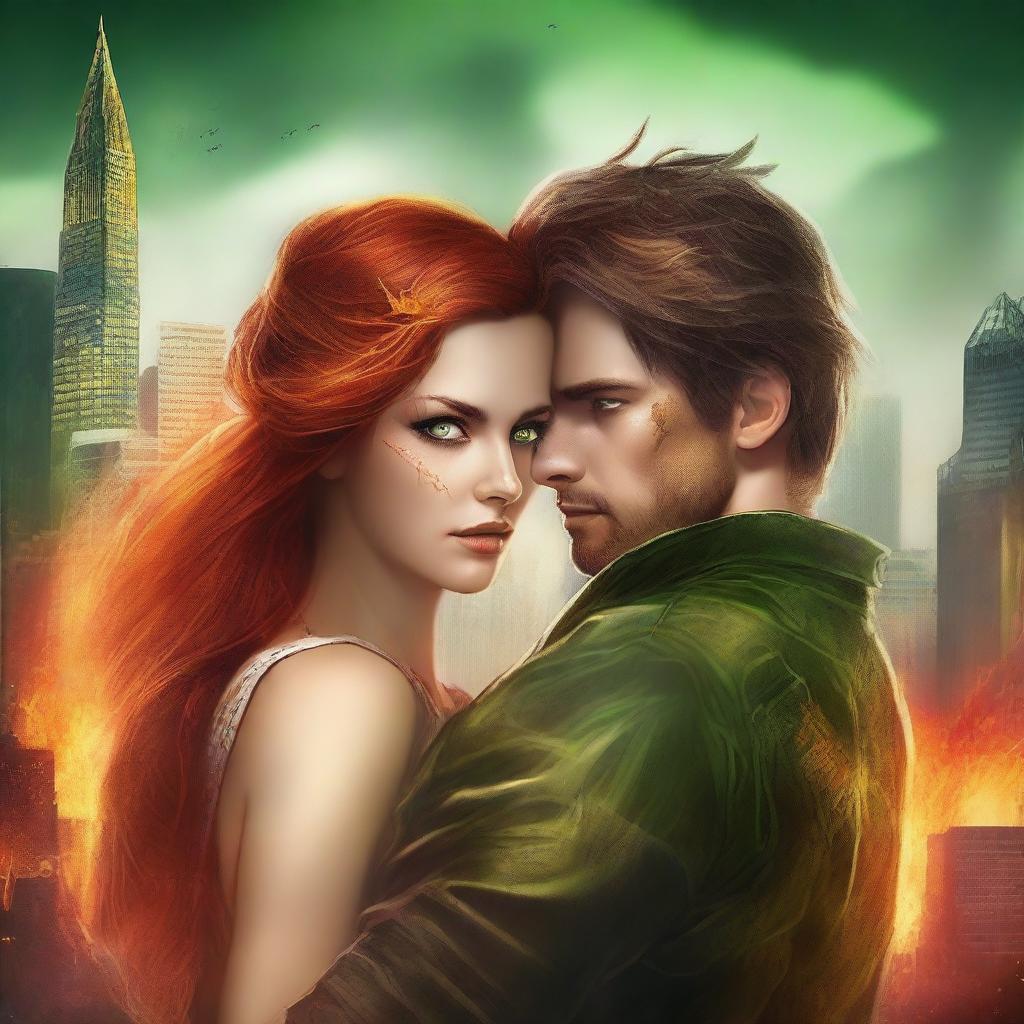 Create a book cover for a New Adult post-apocalyptic romance featuring a brown-haired woman with green eyes and a brown-haired man with orange eyes