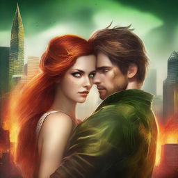 Create a book cover for a New Adult post-apocalyptic romance featuring a brown-haired woman with green eyes and a brown-haired man with orange eyes