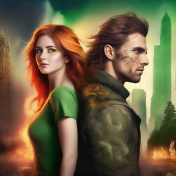 Create a book cover for a New Adult post-apocalyptic romance featuring a brown-haired woman with green eyes and a brown-haired man with orange eyes