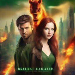 Create a book cover for a New Adult post-apocalyptic romance featuring a brown-haired woman with green eyes and a brown-haired man with orange eyes