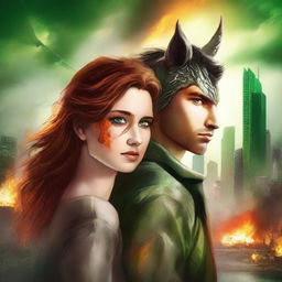 Create a book cover for a New Adult post-apocalyptic romance featuring a unicorn and dragon shapeshifter