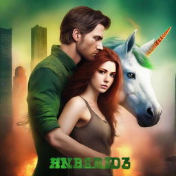 Create a book cover for a New Adult post-apocalyptic romance featuring a unicorn and dragon shapeshifter