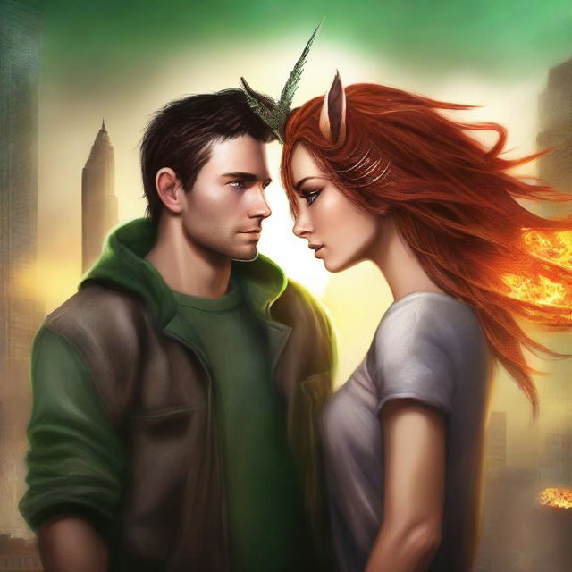 Create a book cover for a New Adult post-apocalyptic romance featuring a unicorn and dragon shapeshifter