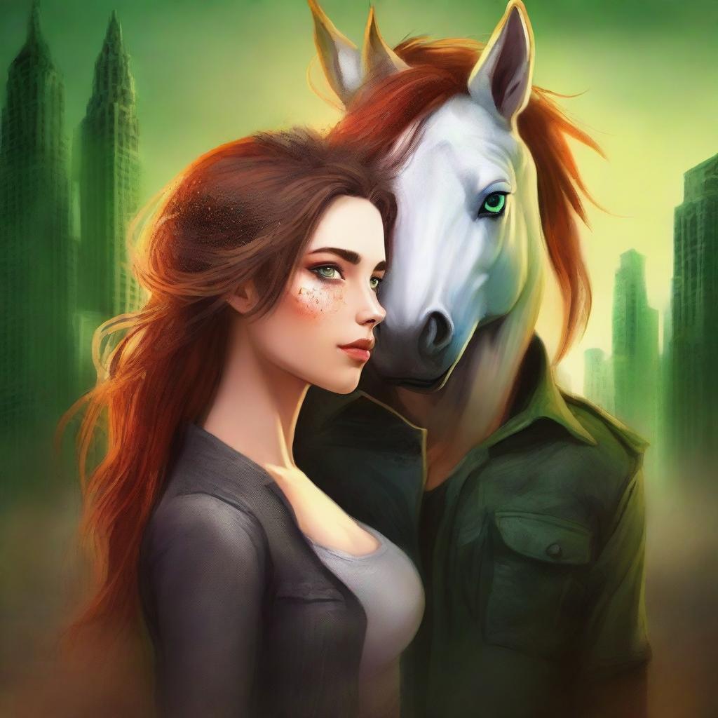 Create a book cover for a New Adult post-apocalyptic romance featuring a unicorn and dragon shapeshifter