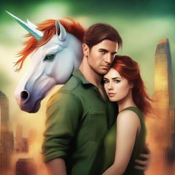 Create a book cover for a New Adult post-apocalyptic romance featuring a unicorn and dragon shapeshifter