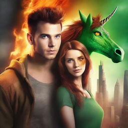 Create a book cover for a New Adult post-apocalyptic romance featuring a unicorn and dragon shapeshifter