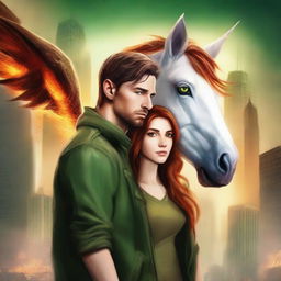 Create a book cover for a New Adult post-apocalyptic romance featuring a unicorn and dragon shapeshifter