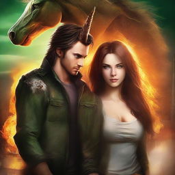 Create a book cover for a New Adult post-apocalyptic romance featuring a unicorn and dragon shapeshifter