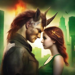 Create a book cover for a New Adult post-apocalyptic romance featuring a unicorn and dragon shapeshifter