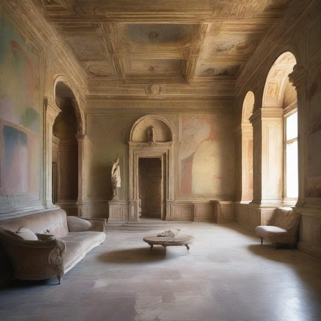 A grand hall of an ancient Roman villa, with worn frescoes on the walls, marble floor, marble reliefs, an old tufted sofa, and an oil painting