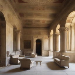 A grand hall of an ancient Roman villa, with worn frescoes on the walls, marble floor, marble reliefs, an old tufted sofa, and an oil painting