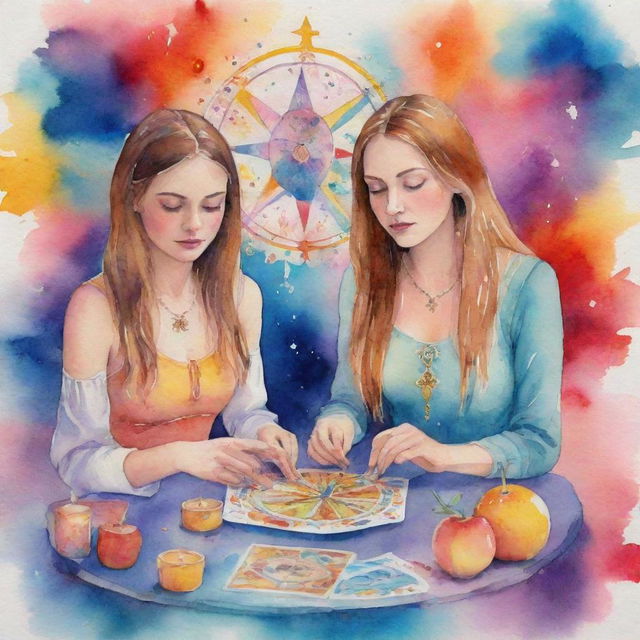 Animated watercolor painting of two girls, passionately engaged in a tarot reading session, surrounded by vibrant splashes of color and mystic symbols