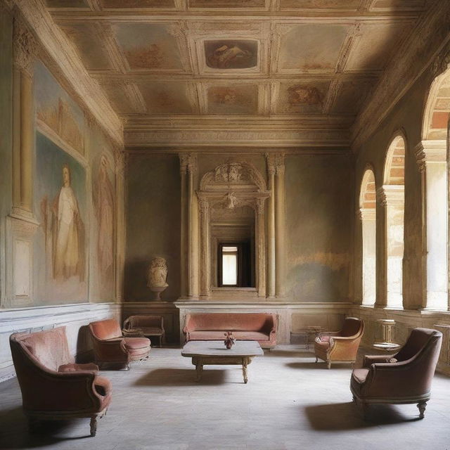 A grand hall of an ancient Roman villa, with worn frescoes on the walls, marble floor, marble reliefs, an old tufted sofa, and an oil painting