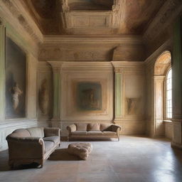 A grand hall of an ancient Roman villa, with worn frescoes on the walls, marble floor, marble reliefs, an old tufted sofa, and an oil painting