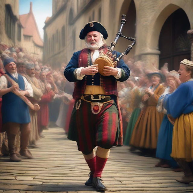 A lively bard playing a gaita, a traditional bagpipe, in a medieval setting