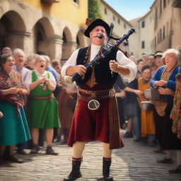 A lively bard playing a gaita, a traditional bagpipe, in a medieval setting