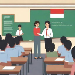 A teacher is teaching in a classroom with a blackboard that says 'Selamat Datang' and the Indonesian flag in the background