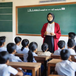 A teacher is teaching in a classroom with a blackboard that says 'Selamat Datang' and the Indonesian flag in the background