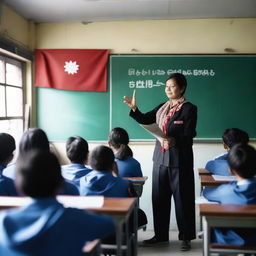 A teacher is teaching in a classroom with a blackboard that says 'Selamat Datang' and the Indonesian flag in the background