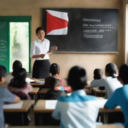 A teacher is teaching in a classroom with a blackboard that says 'Selamat Datang' and the Indonesian flag in the background