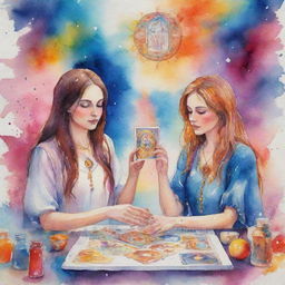 Animated watercolor painting of two girls, passionately engaged in a tarot reading session, surrounded by vibrant splashes of color and mystic symbols