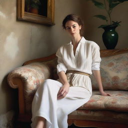 A portrait of a woman in a white shirt seductively sitting on an old floral brocade sofa