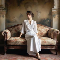 A portrait of a woman in a white shirt seductively sitting on an old floral brocade sofa