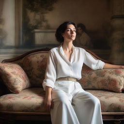 A portrait of a woman in a white shirt seductively sitting on an old floral brocade sofa