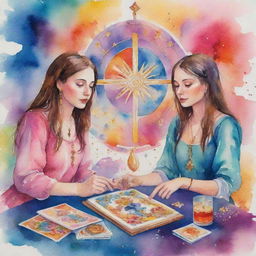 Animated watercolor painting of two girls, passionately engaged in a tarot reading session, surrounded by vibrant splashes of color and mystic symbols