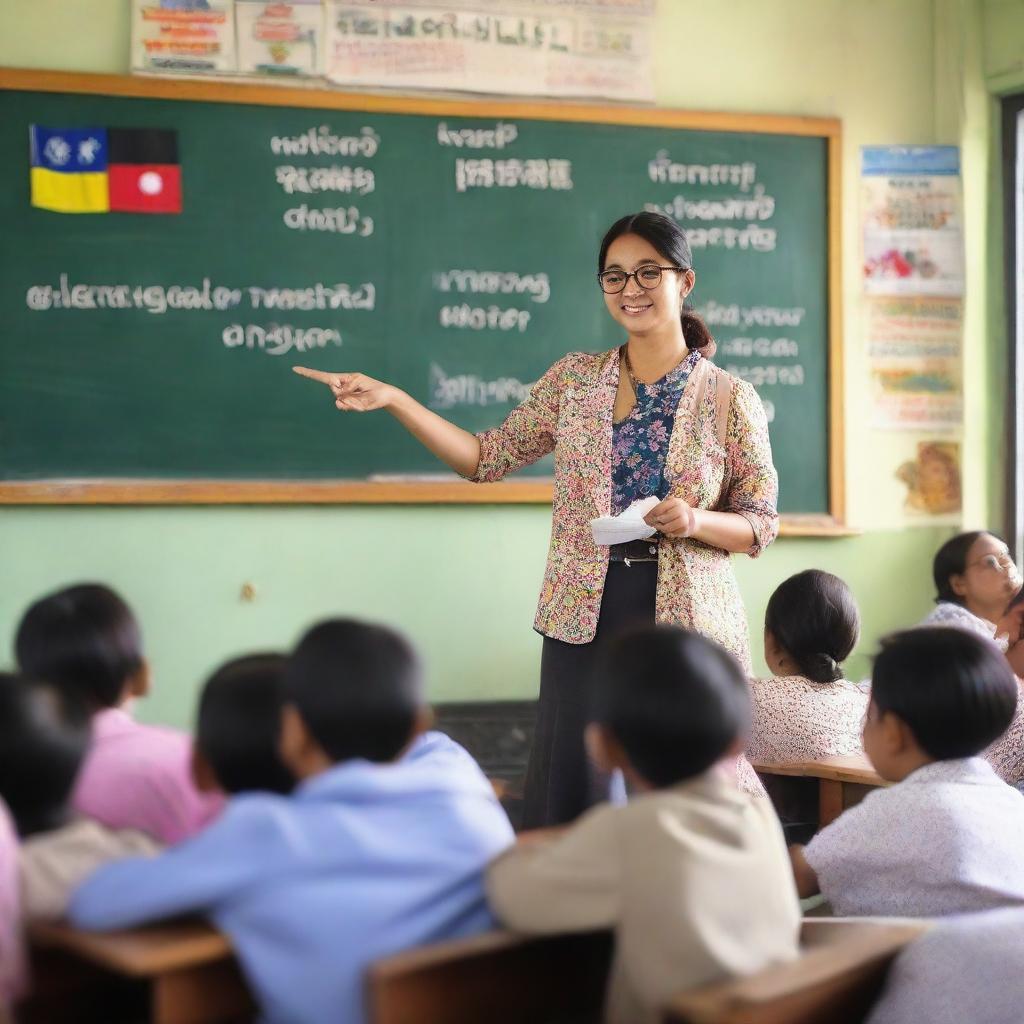 In a bright classroom, a smiling teacher stands at the front, pointing at a blackboard with the words 'Selamat Datang' written clearly in chalk