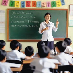 In a bright classroom, a smiling teacher stands at the front, pointing at a blackboard with the words 'Selamat Datang' written clearly in chalk